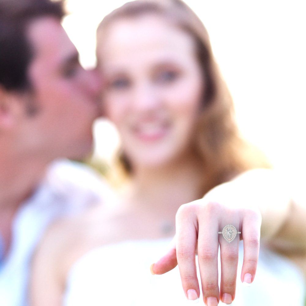 2.48 cttw Moissanite Hidden Halo Engagement Ring - Solid White/Rose Gold (VVS1, Pear Cut,10X7mm )