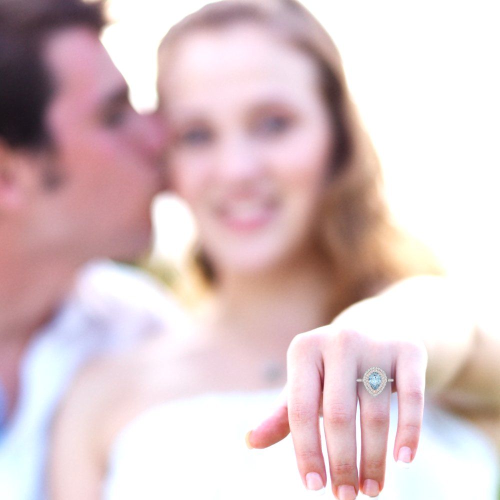 2.48 cttw Natural Aquamarine Hidden Halo Engagement Ring - Solid Gold (Pear Cut,10X7mm )