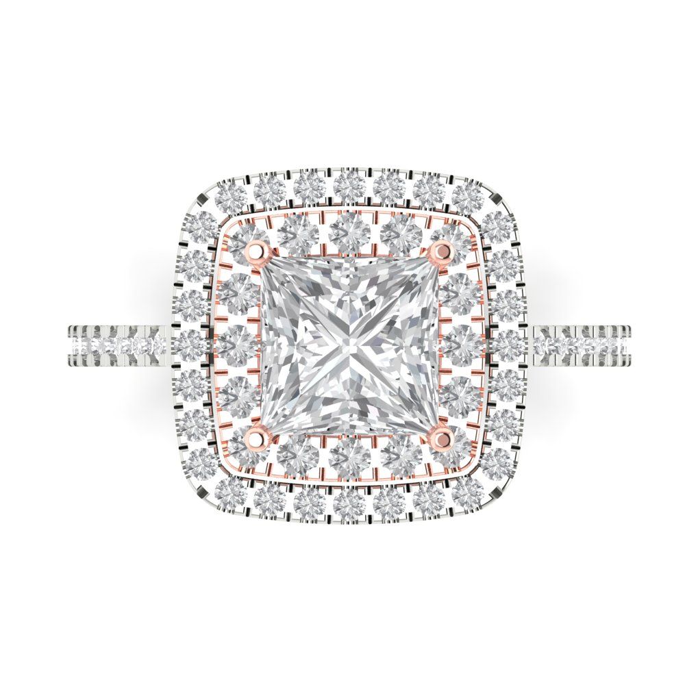 2.07 cttw Moissanite Hidden Halo Engagement Ring - Solid White/Rose Gold (VVS1, Princess Cut,6.5mm)