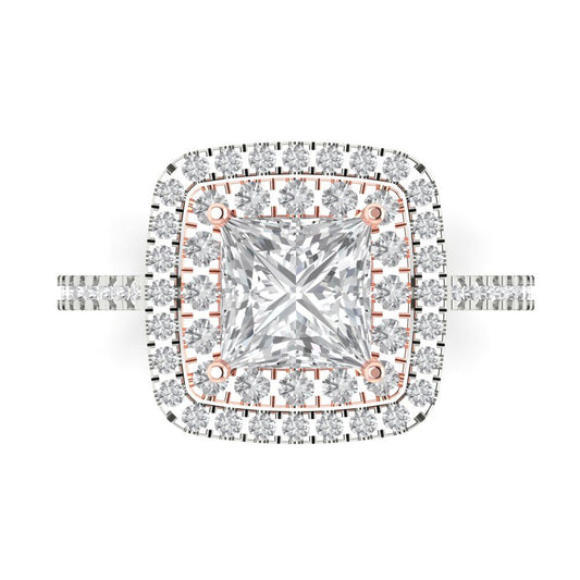 2.07 cttw Moissanite Hidden Halo Engagement Ring - Solid White/Rose Gold (VVS1, Princess Cut,6.5mm)
