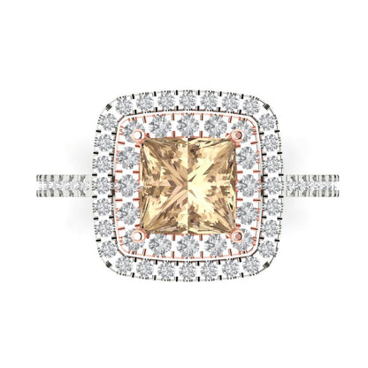 2.07 cttw Yellow Moissanite Hidden Halo Engagement Ring - Solid White/Rose Gold (VVS1, Princess Cut,6.5mm)