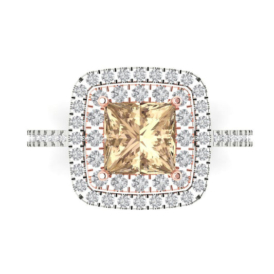 2.07 cttw Yellow Moissanite Hidden Halo Engagement Ring - Solid White/Rose Gold (VVS1, Princess Cut,6.5mm)