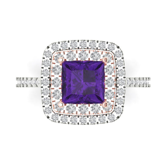 2.07 cttw Natural Amethyst Hidden Halo Engagement Ring - Solid White/Rose Gold (VVS1, Princess Cut,6.5mm)