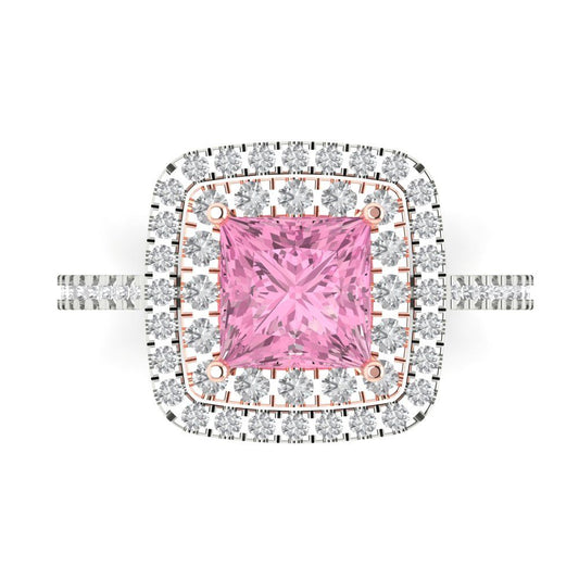 2.07 cttw Zirconia Simulated Pink Diamond Hidden Halo Engagement Ring - Solid White/Rose Gold (VVS1, Princess Cut,6.5mm)