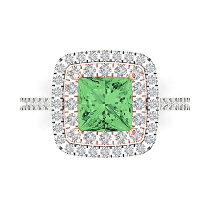 2.07 cttw Zirconia Simulated Green Diamond Hidden Halo Engagement Ring - Solid Gold (VVS1, Princess Cut,6.5mm)