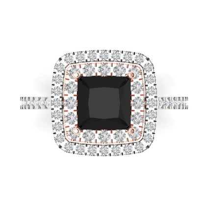 2.07 cttw Natural Onyx Hidden Halo Engagement Ring - Solid White/Rose Gold (VVS1, Princess Cut,6.5mm)