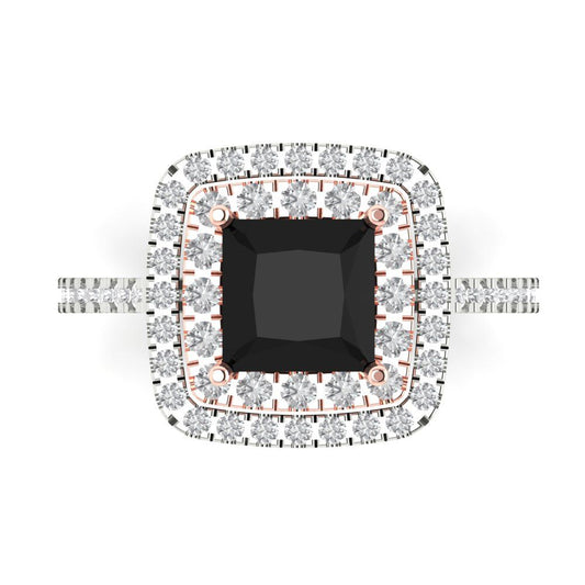 2.07 cttw Natural Onyx Hidden Halo Engagement Ring - Solid White/Rose Gold (VVS1, Princess Cut,6.5mm)