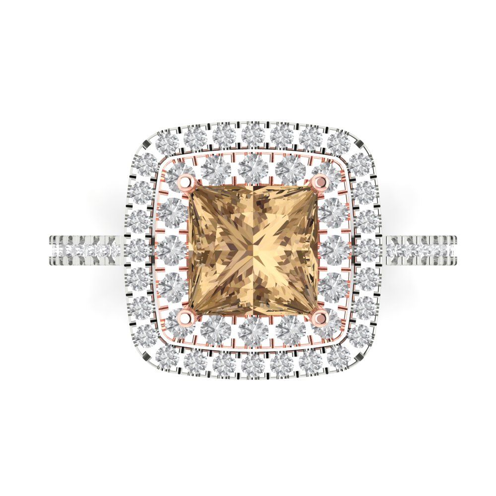 2.07 cttw Zirconia Simulated Champagne Diamond Hidden Halo Engagement Ring - Solid Gold (VVS1, Princess Cut,6.5mm)