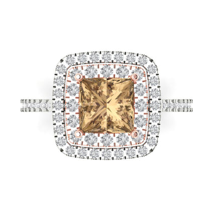 2.07 cttw Zirconia Simulated Champagne Diamond Hidden Halo Engagement Ring - Solid Gold (VVS1, Princess Cut,6.5mm)