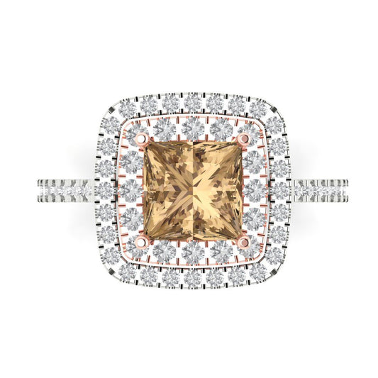 2.07 cttw Zirconia Simulated Champagne Diamond Hidden Halo Engagement Ring - Solid White/Rose Gold (VVS1, Princess Cut,6.5mm)