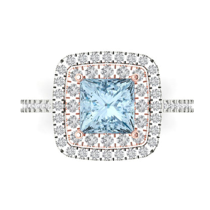 2.07 cttw Natural Aquamarine Hidden Halo Engagement Ring - Solid White/Rose Gold (VVS1, Princess Cut,6.5mm)
