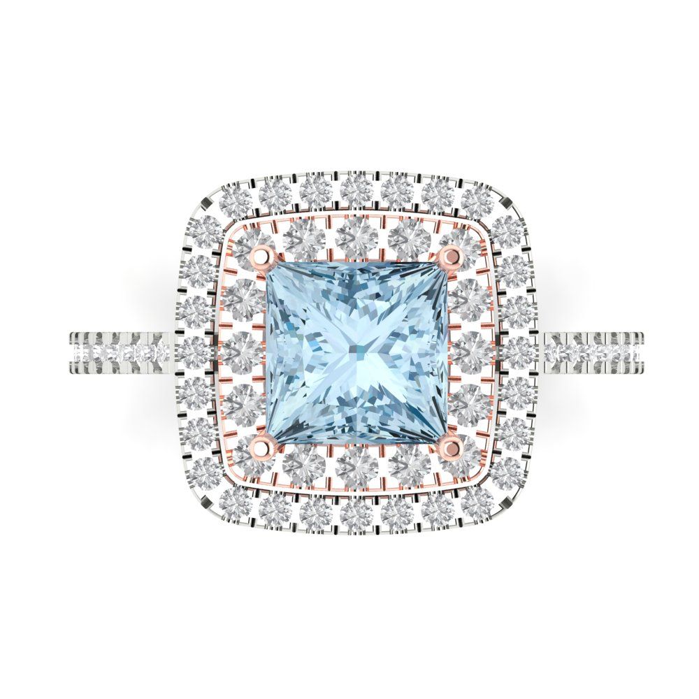 2.07 cttw Zirconia Simulated Blue Diamond Hidden Halo Engagement Ring - Solid Gold (VVS1, Princess Cut,6.5mm)