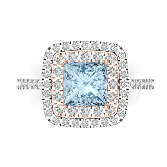 2.07 cttw Zirconia Simulated Blue Diamond Hidden Halo Engagement Ring - Solid White/Rose Gold (VVS1, Princess Cut,6.5mm)