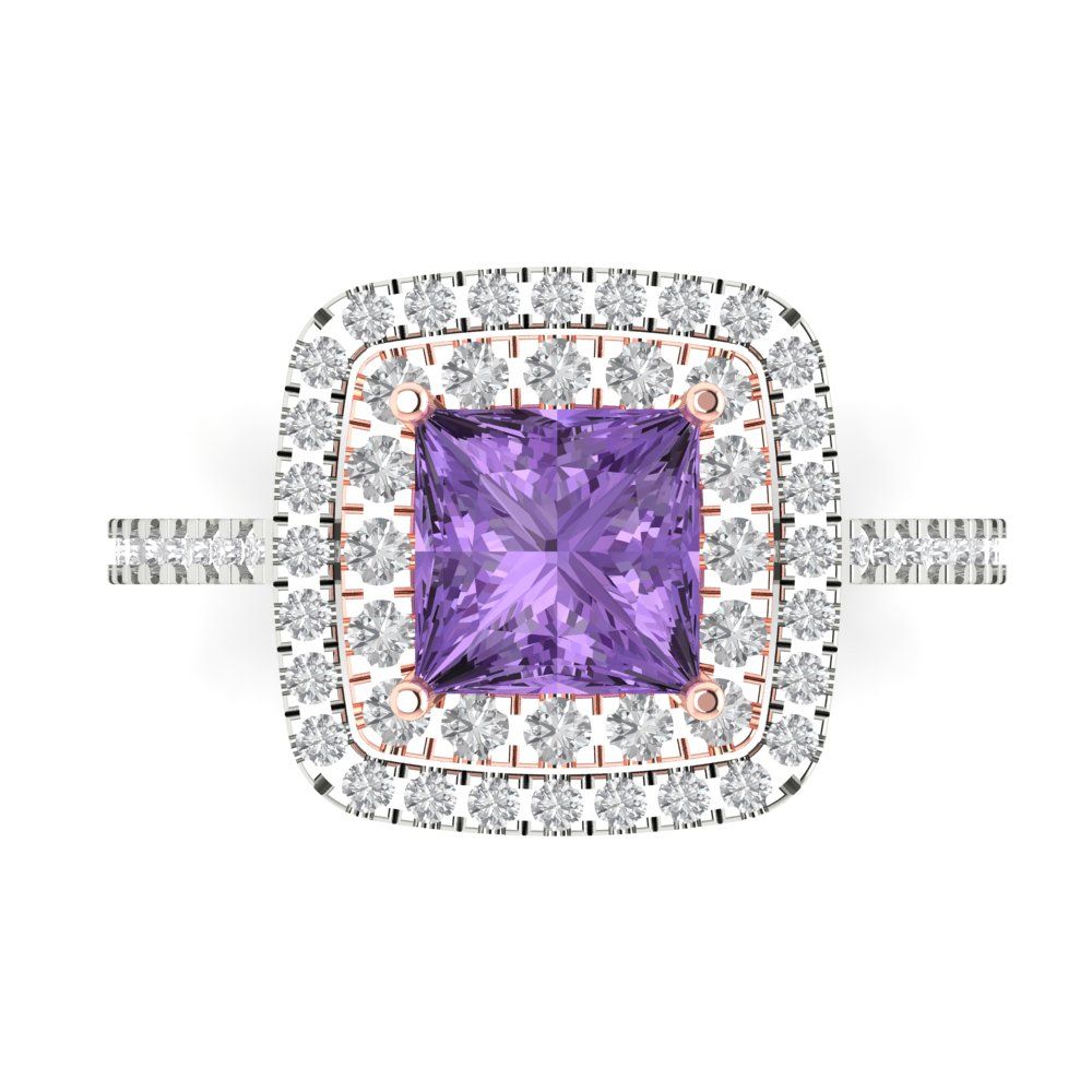 2.07 cttw Simulated Alexandrite Hidden Halo Engagement Ring - Solid White/Rose Gold (VVS1, Princess Cut,6.5mm)