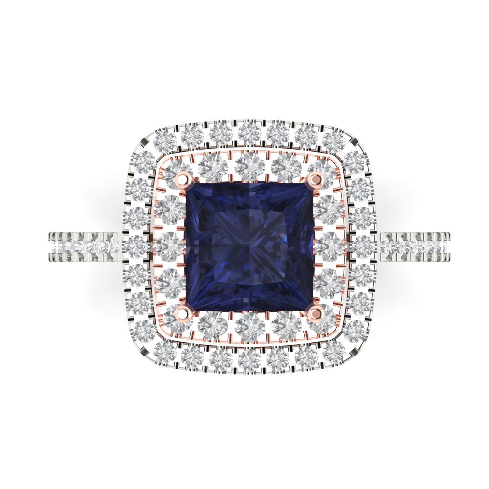 2.07 cttw Simulated Blue Sapphire Hidden Halo Engagement Ring - Solid White/Rose Gold (VVS1, Princess Cut,6.5mm)