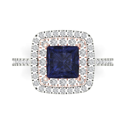 2.07 cttw Simulated Blue Sapphire Hidden Halo Engagement Ring - Solid White/Rose Gold (VVS1, Princess Cut,6.5mm)