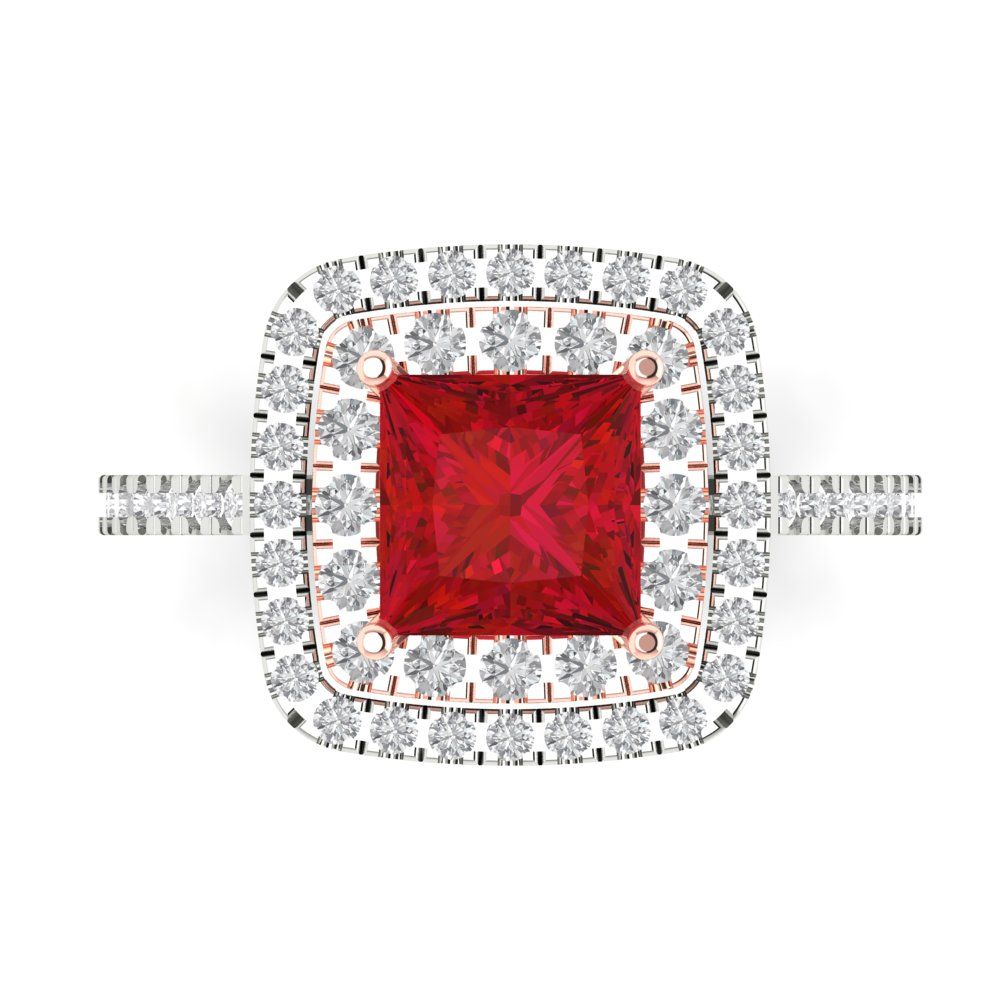 2.07 cttw Simulated Ruby Hidden Halo Engagement Ring - Solid White/Rose Gold (VVS1, Princess Cut,6.5mm)
