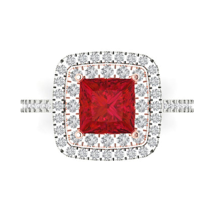 2.07 cttw Simulated Ruby Hidden Halo Engagement Ring - Solid White/Rose Gold (VVS1, Princess Cut,6.5mm)