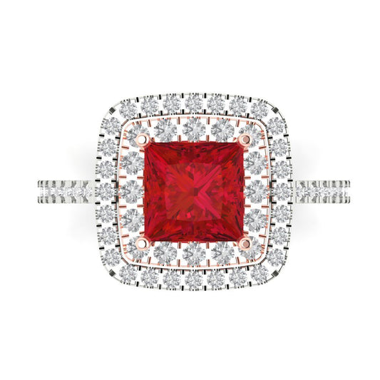 2.07 cttw Simulated Ruby Hidden Halo Engagement Ring - Solid White/Rose Gold (VVS1, Princess Cut,6.5mm)