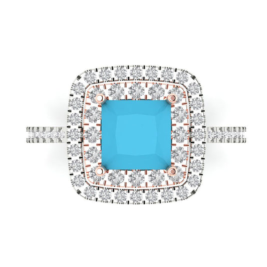 2.07 cttw Simulated Turquoise Hidden Halo Engagement Ring - Solid White/Rose Gold (VVS1, Princess Cut,6.5mm)