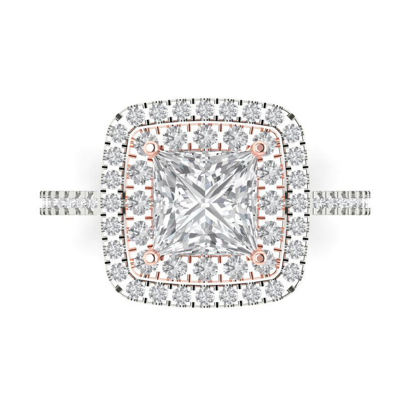 2.16 ct Brilliant Princess Cut Natural Diamond Stone Clarity SI1-2 Color G-H White/Rose Gold Halo Solitaire with Accents Ring