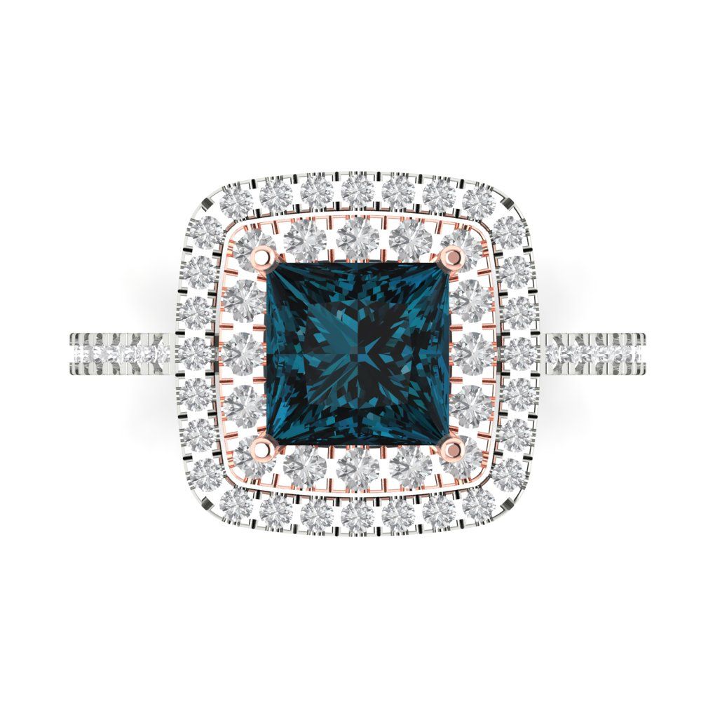2.07 cttw Natural London Blue Topaz Hidden Halo Engagement Ring - Solid White/Rose Gold (VVS1, Princess Cut,6.5mm)