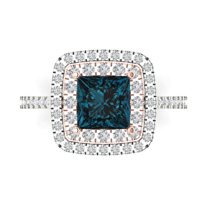 2.07 cttw Natural London Blue Topaz Hidden Halo Engagement Ring - Solid White/Rose Gold (VVS1, Princess Cut,6.5mm)