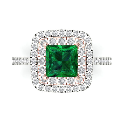 2.07 cttw Simulated Emerald Hidden Halo Engagement Ring - Solid White/Rose Gold (VVS1, Princess Cut,6.5mm)