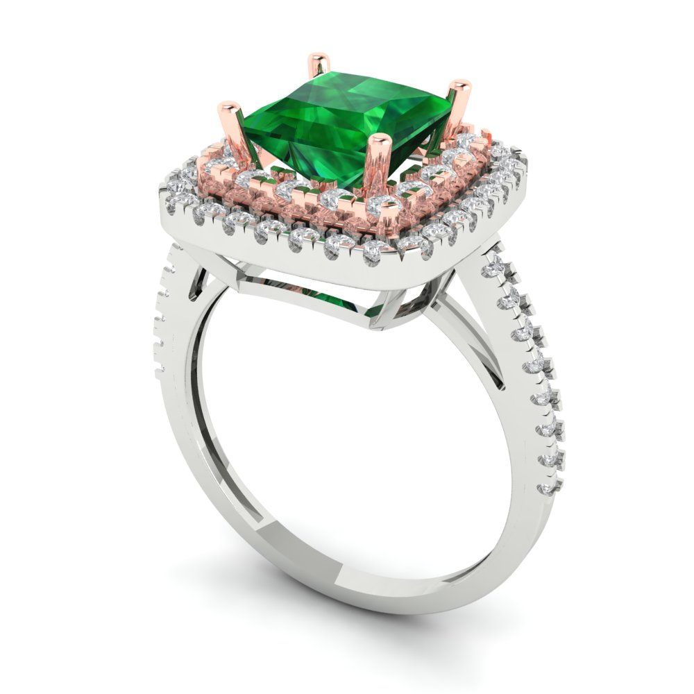 2.07 cttw Simulated Emerald Hidden Halo Engagement Ring - Solid White/Rose Gold (VVS1, Princess Cut,6.5mm)