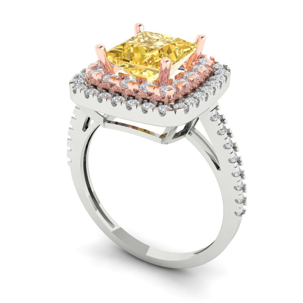 2.07 cttw Yellow Moissanite Hidden Halo Engagement Ring - Solid White/Rose Gold (VVS1, Princess Cut,6.5mm)