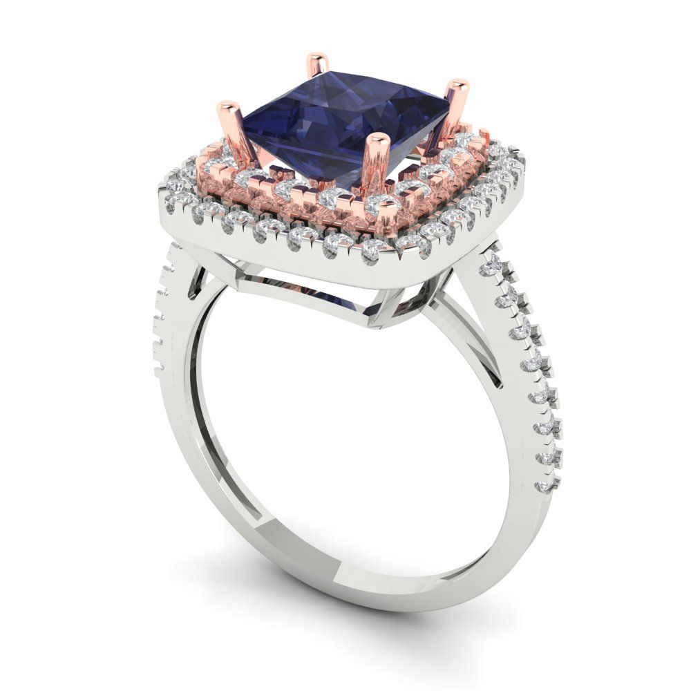 2.07 cttw Simulated Blue Sapphire Hidden Halo Engagement Ring - Solid White/Rose Gold (VVS1, Princess Cut,6.5mm)