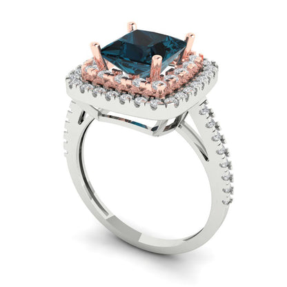 2.07 cttw Natural London Blue Topaz Hidden Halo Engagement Ring - Solid White/Rose Gold (VVS1, Princess Cut,6.5mm)