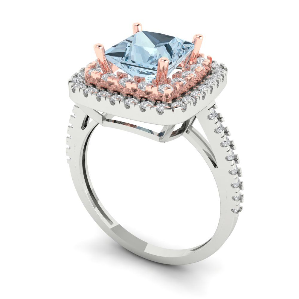 2.07 cttw Natural Aquamarine Hidden Halo Engagement Ring - Solid White/Rose Gold (VVS1, Princess Cut,6.5mm)