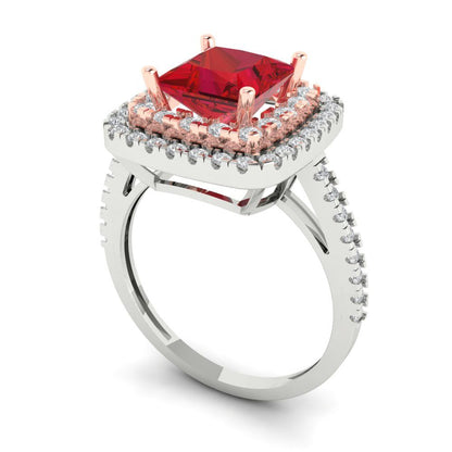 2.07 cttw Simulated Ruby Hidden Halo Engagement Ring - Solid White/Rose Gold (VVS1, Princess Cut,6.5mm)