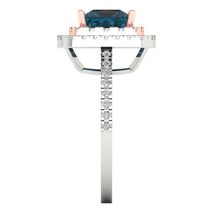 2.07 cttw Natural London Blue Topaz Hidden Halo Engagement Ring - Solid White/Rose Gold (VVS1, Princess Cut,6.5mm)