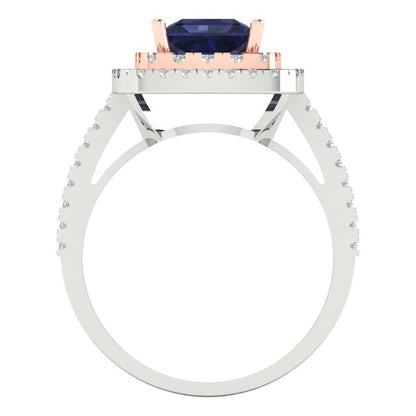 2.07 cttw Simulated Blue Sapphire Hidden Halo Engagement Ring - Solid White/Rose Gold (VVS1, Princess Cut,6.5mm)