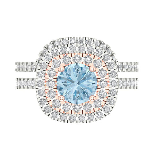 1.7825 cttw Round Cut Natural Aquamarine Bridal Set - Solid White/Rose Gold Engagement Ring & Wedding Band