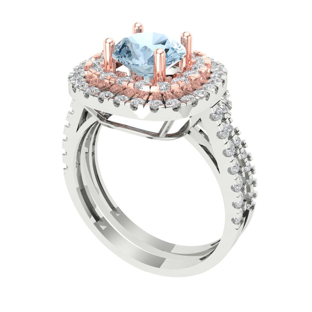 1.7825 cttw Round Cut Natural Aquamarine Bridal Set - Solid White/Rose Gold Engagement Ring & Wedding Band