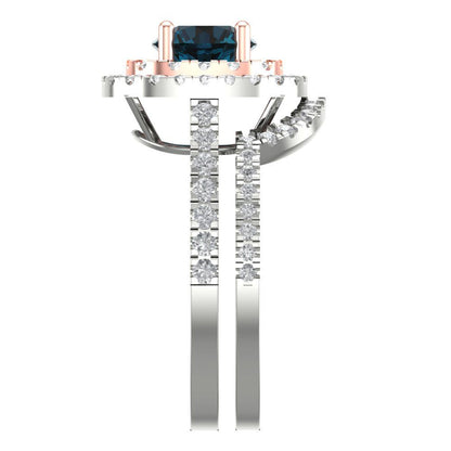 1.7825 cttw Round Cut Natural London Blue Topaz Bridal Set - Solid White/Rose Gold Engagement Ring & Wedding Band