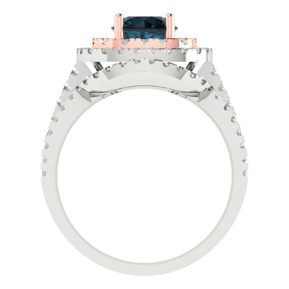 1.7825 cttw Round Cut Natural London Blue Topaz Bridal Set - Solid White/Rose Gold Engagement Ring & Wedding Band