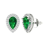 2.72 ct Brilliant Pear Cut Halo Studs Simulated Emerald Stone White Gold Earrings Screw back