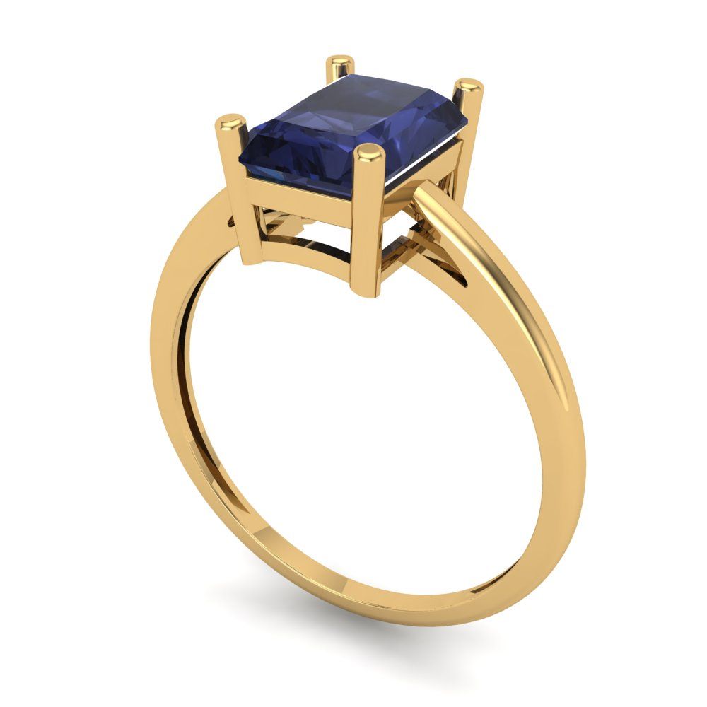2 cttw Simulated Blue Sapphire Solitaire  Engagement Ring - Solid Gold (Emerald Cut,8x6mm)