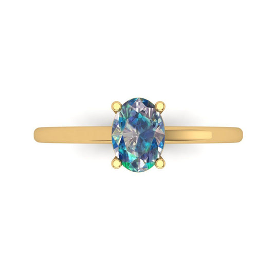 1 cttw Blue Moissanite Solitaire  Engagement Ring - Solid Yellow Gold (VVS1, Oval Cut,7x5mm)