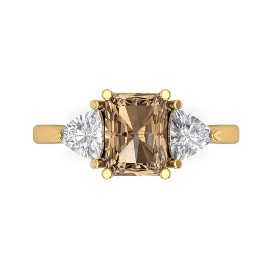 2.82 cttw Zirconia Simulated Champagne Diamond Three-Stone Engagement Ring - Solid Yellow Gold (VVS1, Emerald Cut,8x6mm)