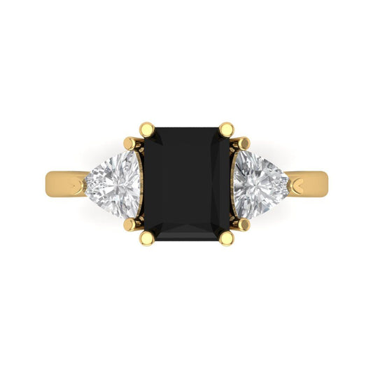 2.82 cttw Natural Onyx Three-Stone Engagement Ring - Solid Yellow Gold (VVS1, Emerald Cut,8x6mm)