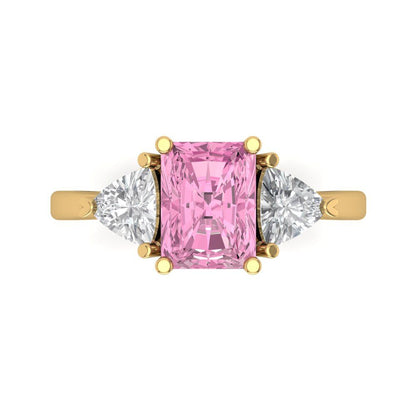 2.82 cttw Zirconia Simulated Pink Diamond Three-Stone Engagement Ring - Solid Gold (VVS1, Emerald Cut,8x6mm)