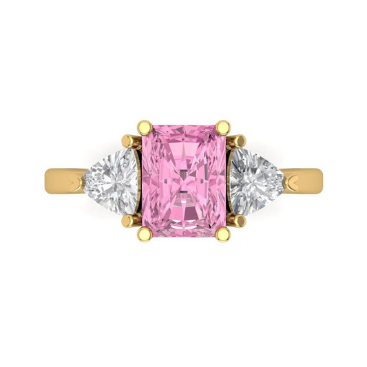 2.82 cttw Zirconia Simulated Pink Diamond Three-Stone Engagement Ring - Solid Yellow Gold (VVS1, Emerald Cut,8x6mm)