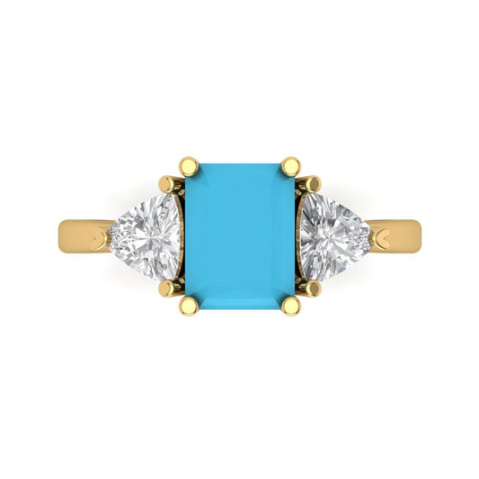 2.82 cttw Simulated Turquoise Three-Stone Engagement Ring - Solid Yellow Gold (VVS1, Emerald Cut,8x6mm)