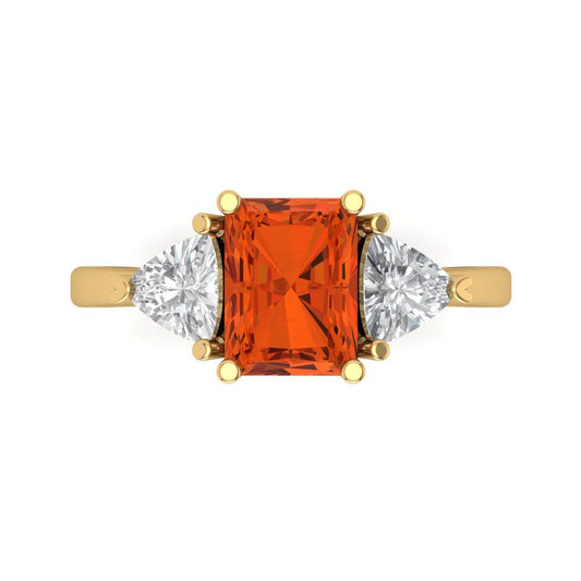 2.82 cttw Zirconia Simulated Red Diamond Three-Stone Engagement Ring - Solid Yellow Gold (VVS1, Emerald Cut,8x6mm)