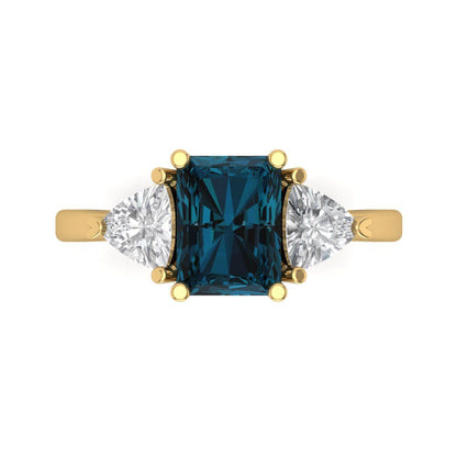 2.82 cttw Natural London Blue Topaz Three-Stone Engagement Ring - Solid Gold (Emerald Cut,8x6mm)